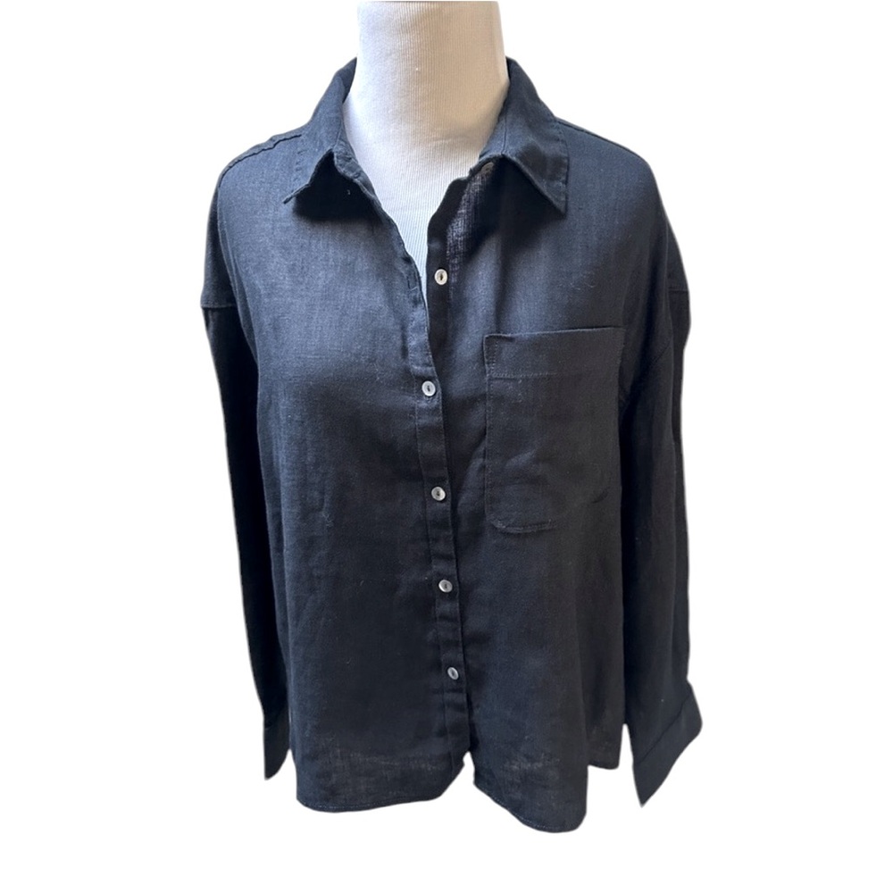 100%LINEN Nicole Miller L/S Shirt Tortoise Shell Buttons EUROPEAN GROWN FLAX M - Picture 3 of 6